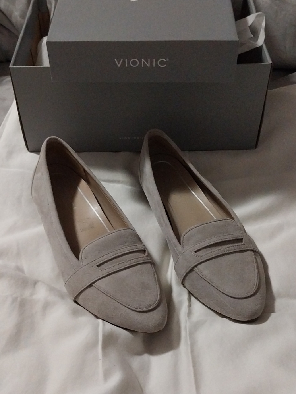 Vionic Taupe Suede Pointed-Toe Loafers
